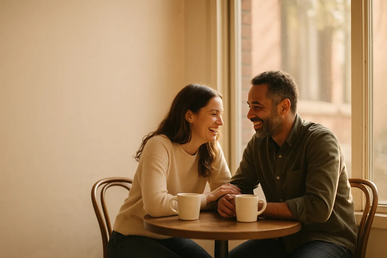 Two people leaning in over coffee, mid-conversation