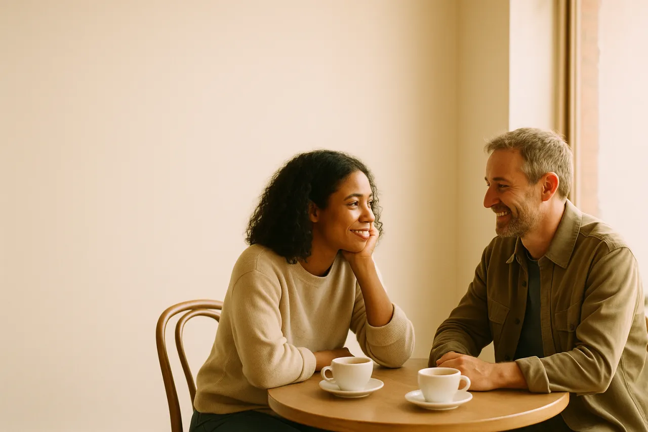 Two people in a warm, unhurried conversation over coffee