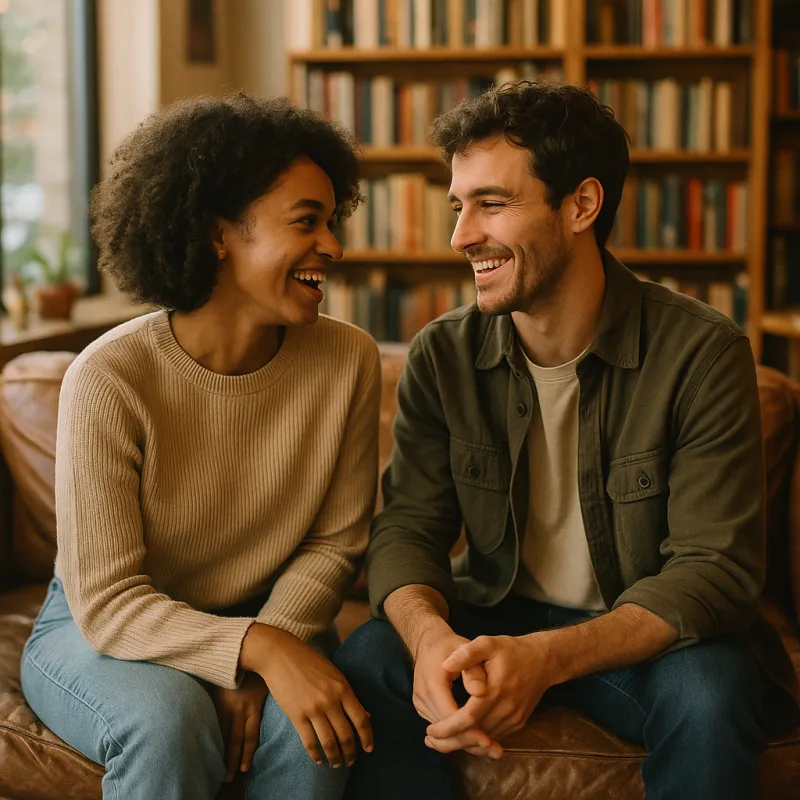A couple laughing together on a sofa in a bookshop café