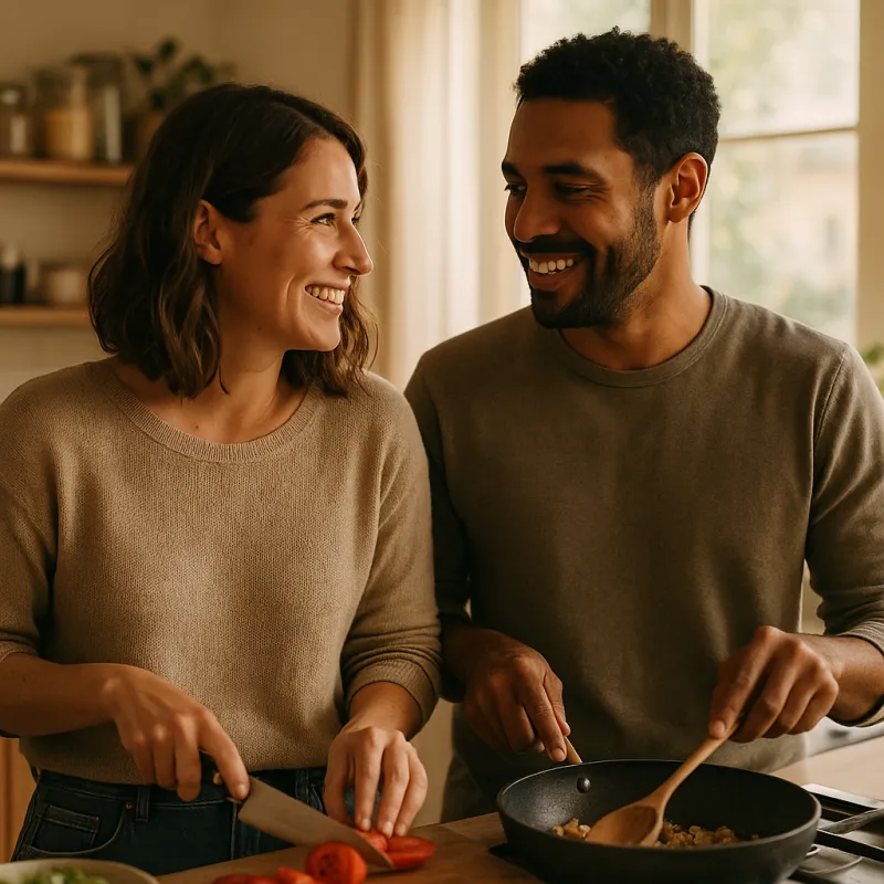 A couple cooking together in a sunlit home kitchen