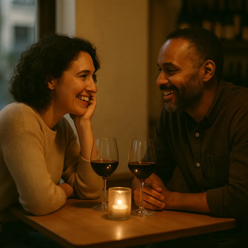 Two people in conversation across a small table at a quiet wine bar